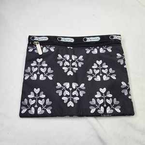 LeSportsac Small Nylon Cosmetic Pouch Bag Black & White Hearts Zipper Closure